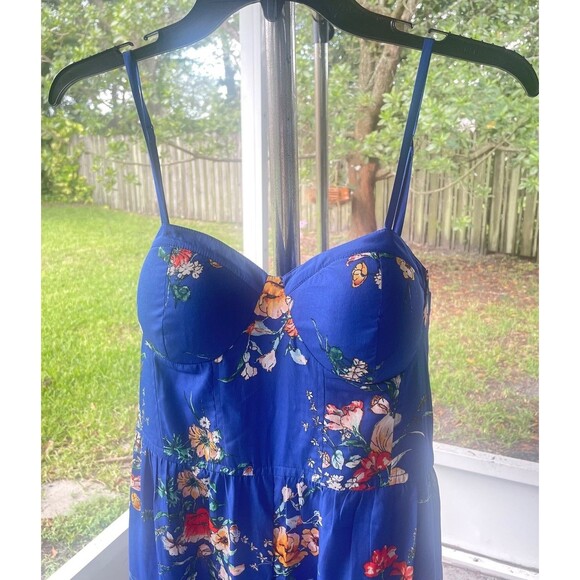 Size Large Band Of Gypsies Jumpsuit Blue Floral Wide Leg Pockets Smocked Back - Picture 4 of 7